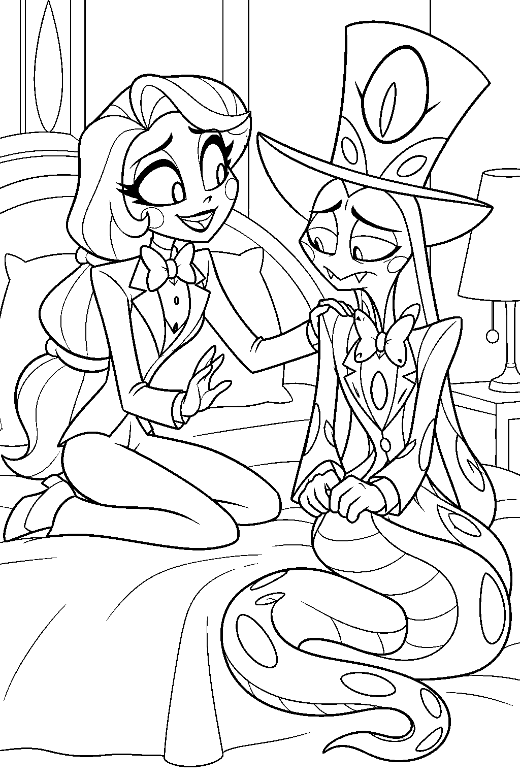 charlie morningstar helping sir pentious apologize in his hotel room line art