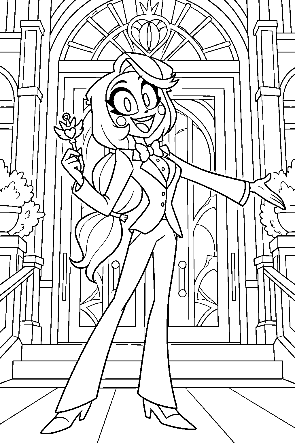 charlie morningstar holding the hazbin hotel key in her signature tuxedo beside the front entrance line art