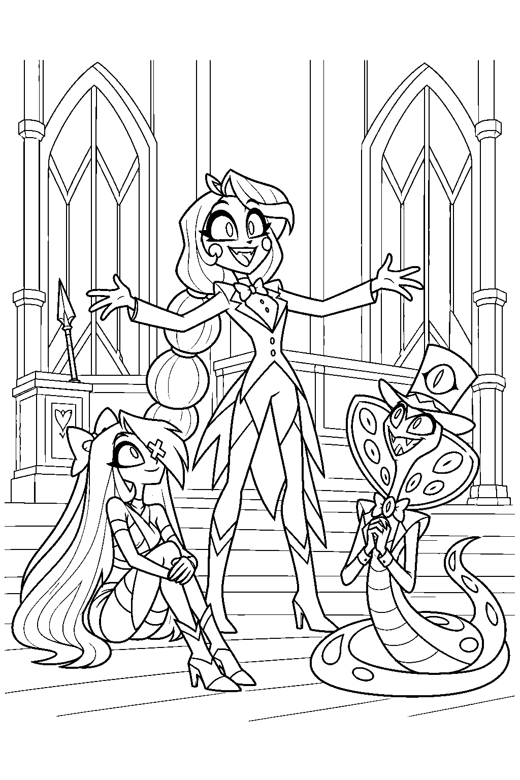 charlie morningstar in her battle outfit giving an encouraging speech to the hotel residents line art