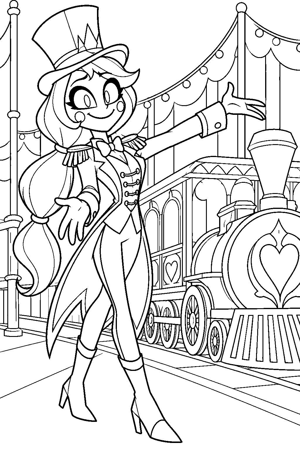 charlie morningstar in her carnival outfit presenting a redemption demonstration beside the hotel train line art