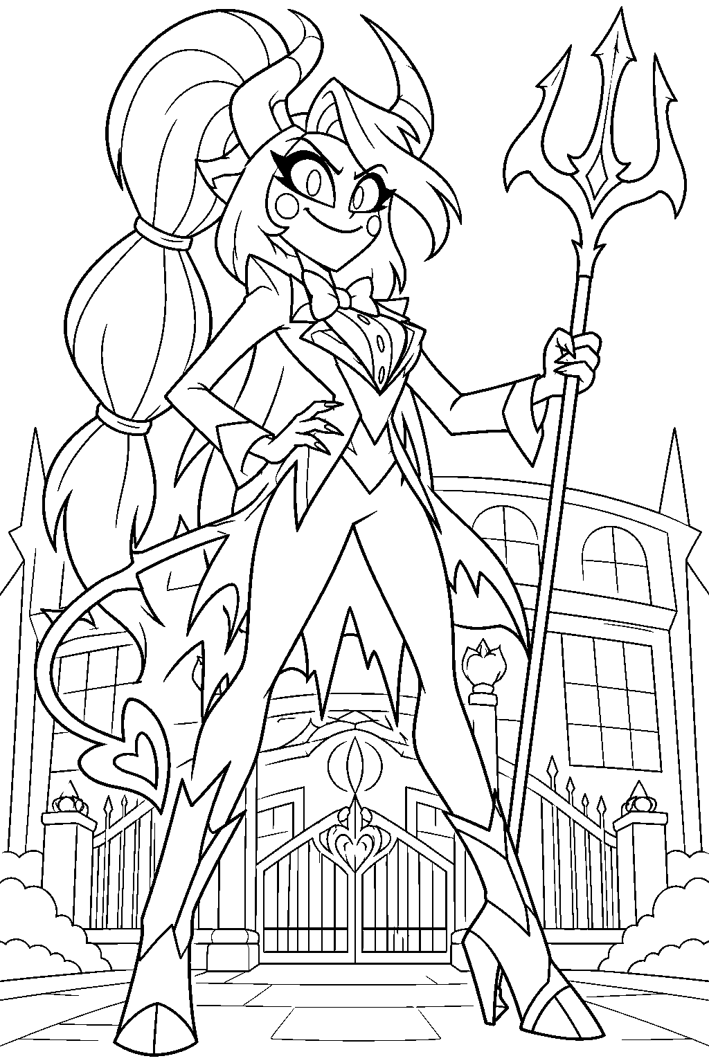 charlie morningstar in her full demon form guarding the hotel with her trident line art