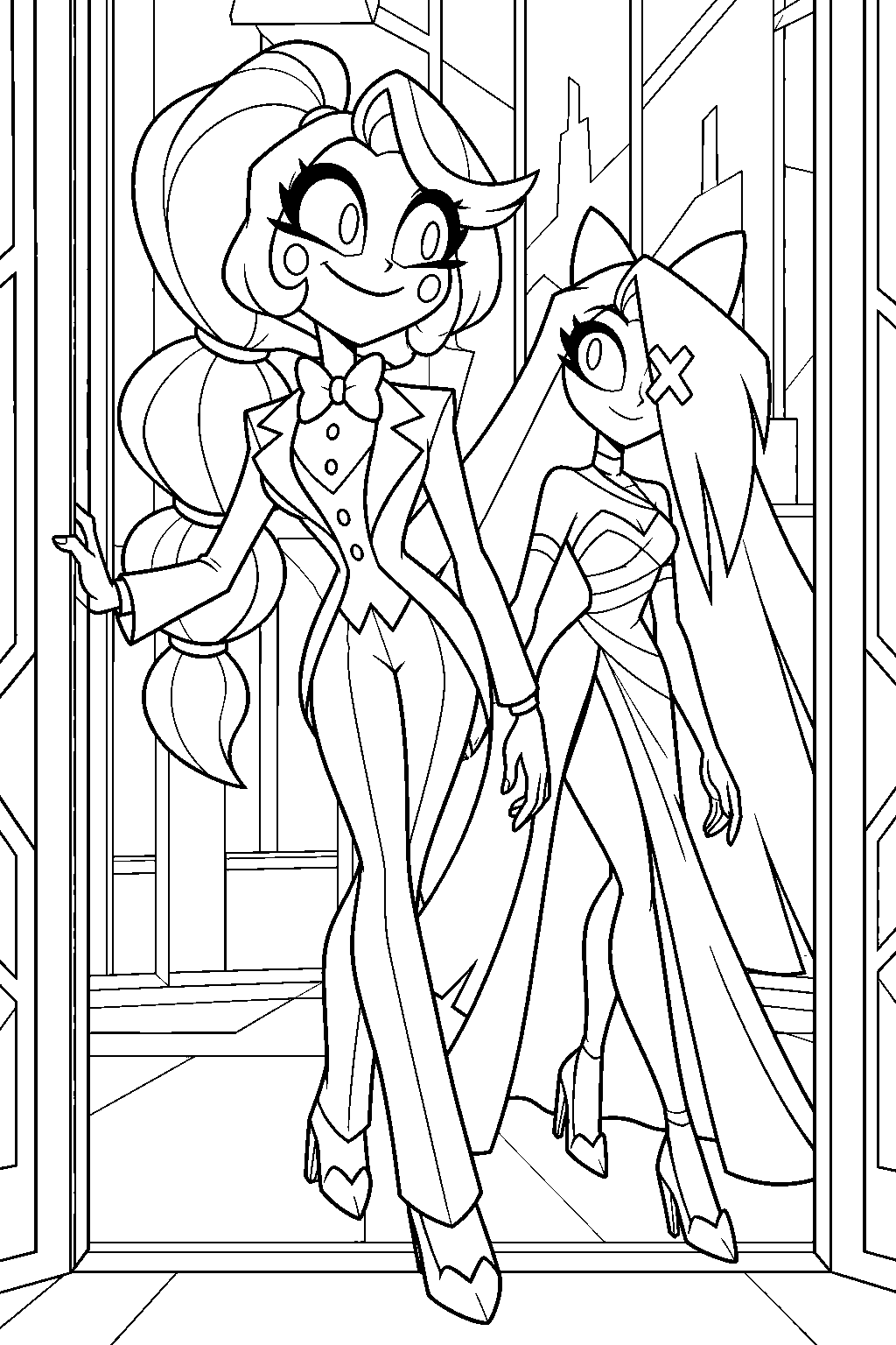 charlie morningstar in her party outfit entering vox s tower with vaggie line art