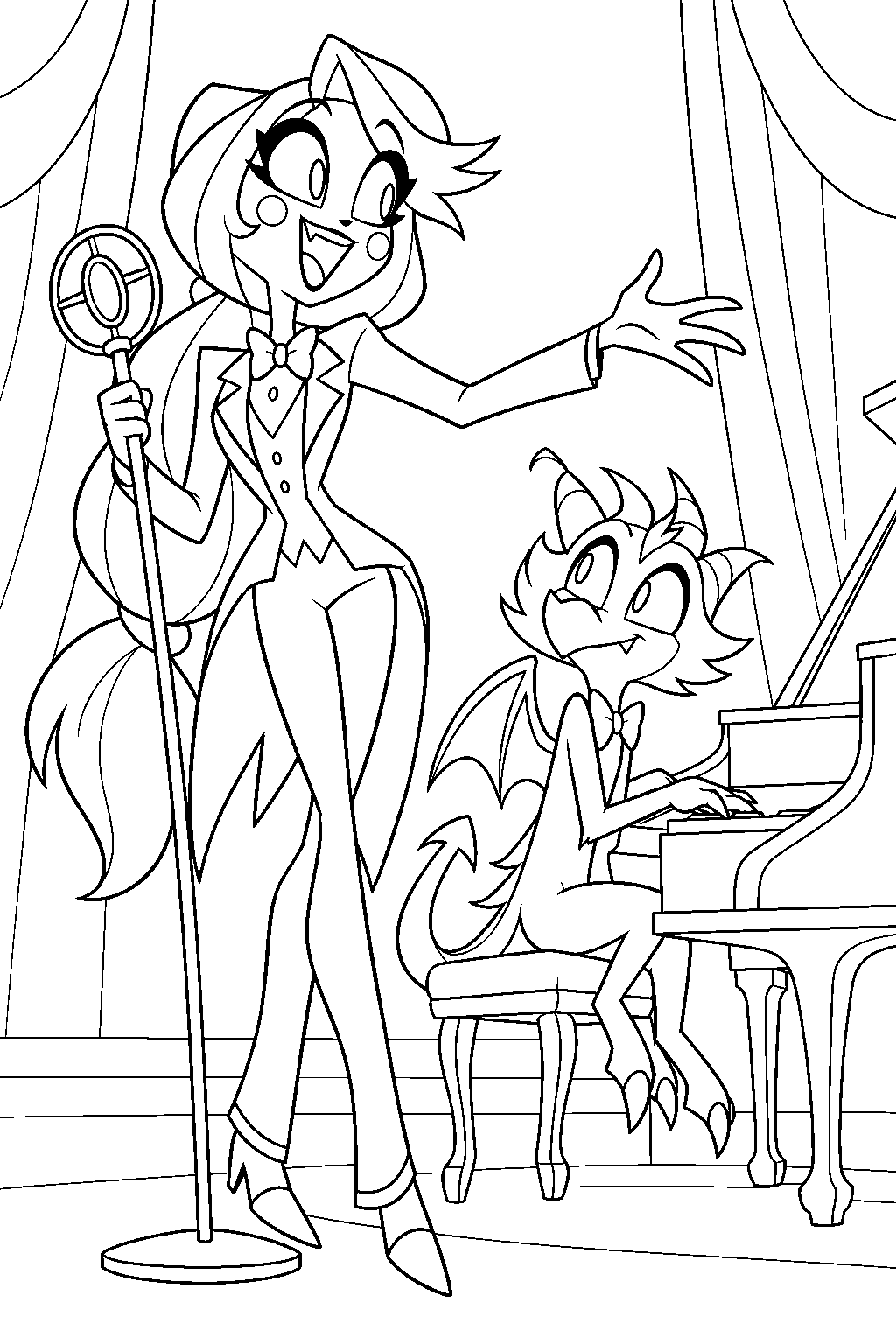 charlie morningstar in her pilot performance outfit singing beside razzle at the piano line art