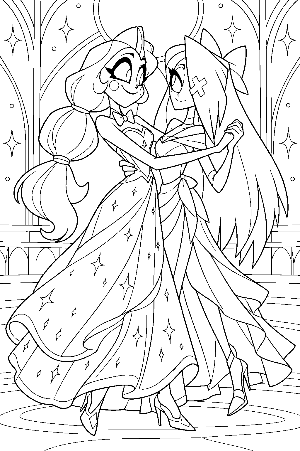 charlie morningstar in her sparkle dress dancing with vaggie in their musical dream scene line art