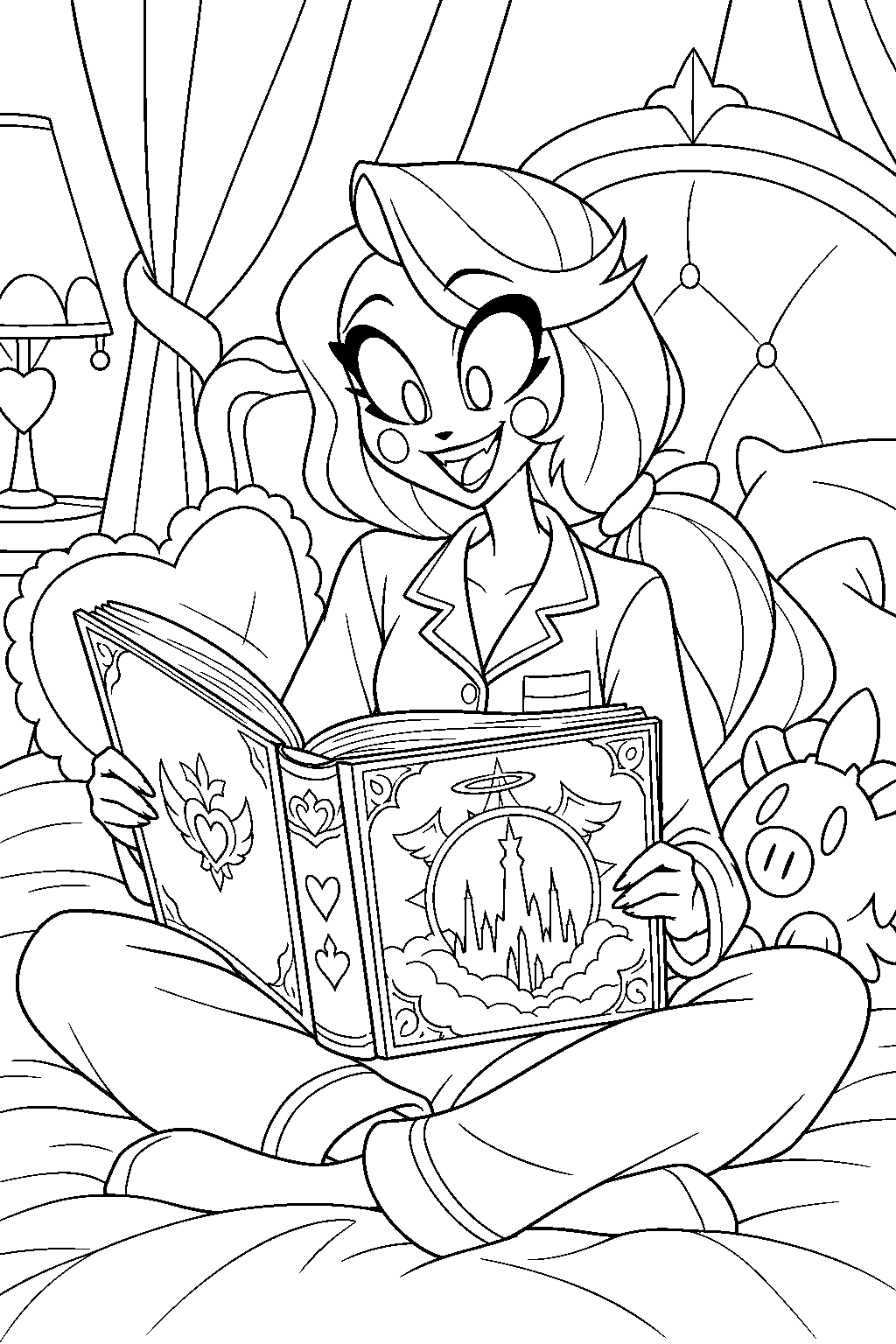 charlie morningstar in pajamas reading the story of hell in her hotel bedroom line art