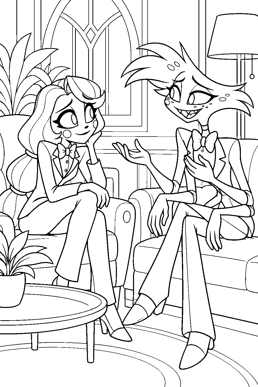 charlie morningstar listening to angel dust during a therapy session in the hotel lounge line art