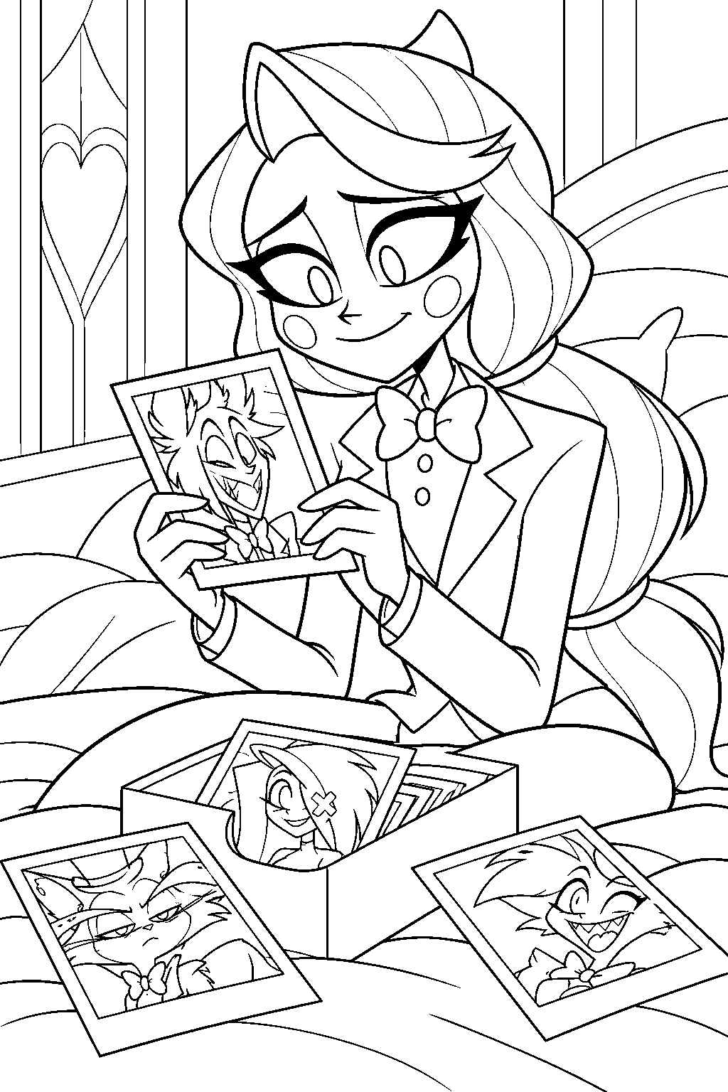 charlie morningstar looking through photographs of her hotel friends before the final battle line art