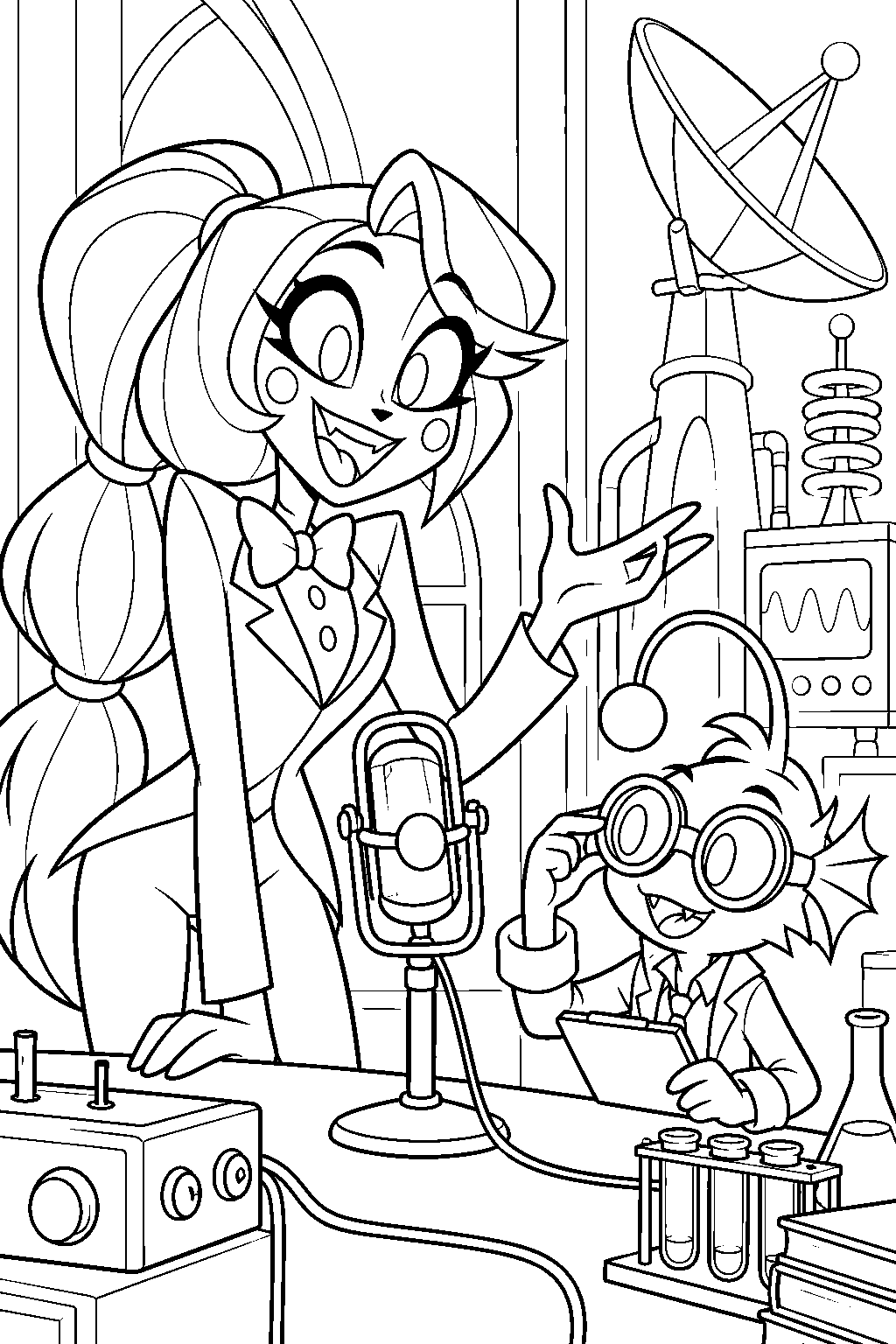 charlie morningstar planning a heaven to hell broadcast with baxter beside his scientific equipment line art