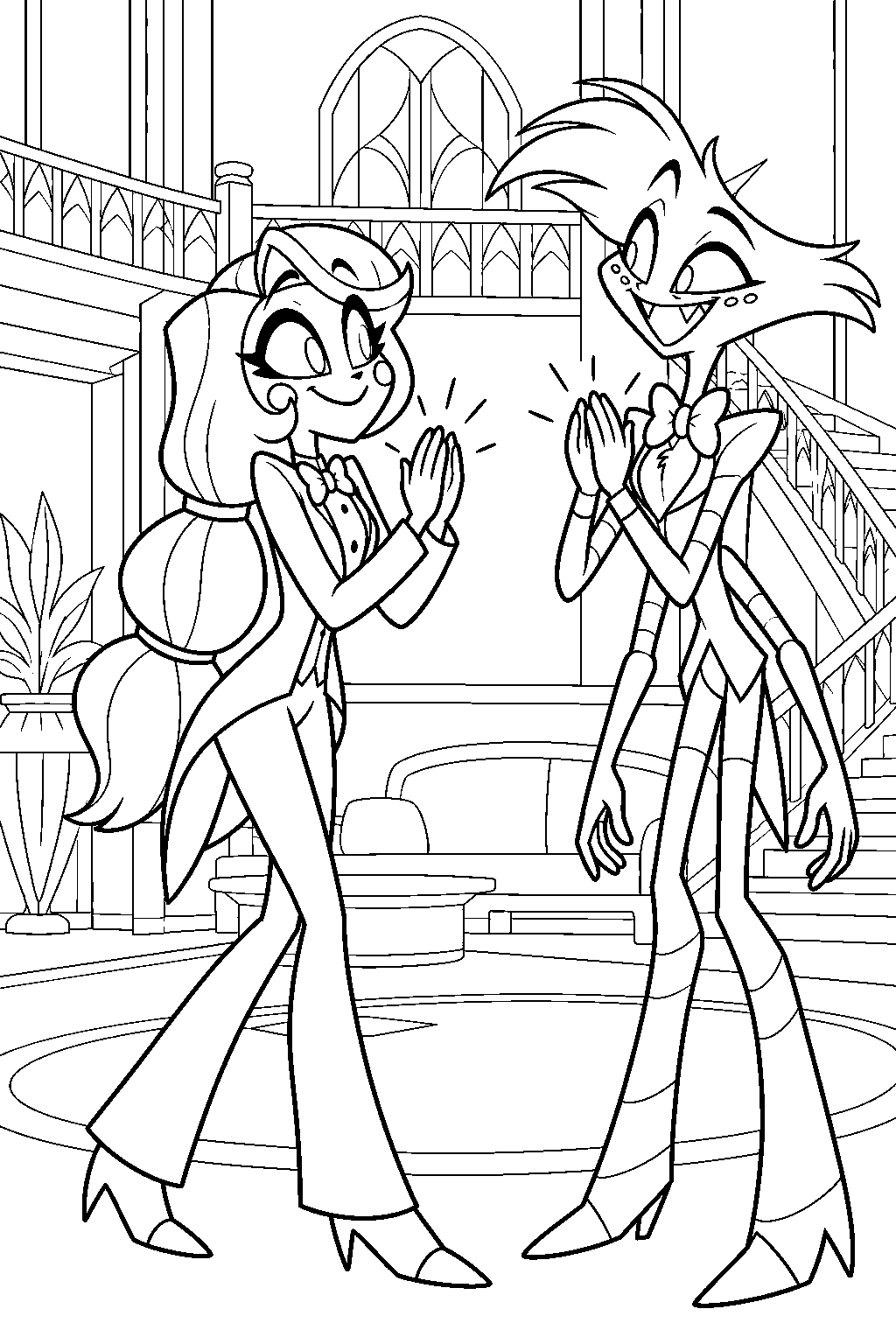 charlie morningstar playing a clapping introduction game with angel dust in the hotel lobby line art