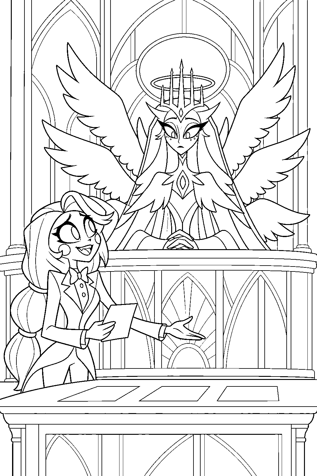 charlie morningstar presenting evidence of angel dust s progress to sera in heaven s courtroom line art