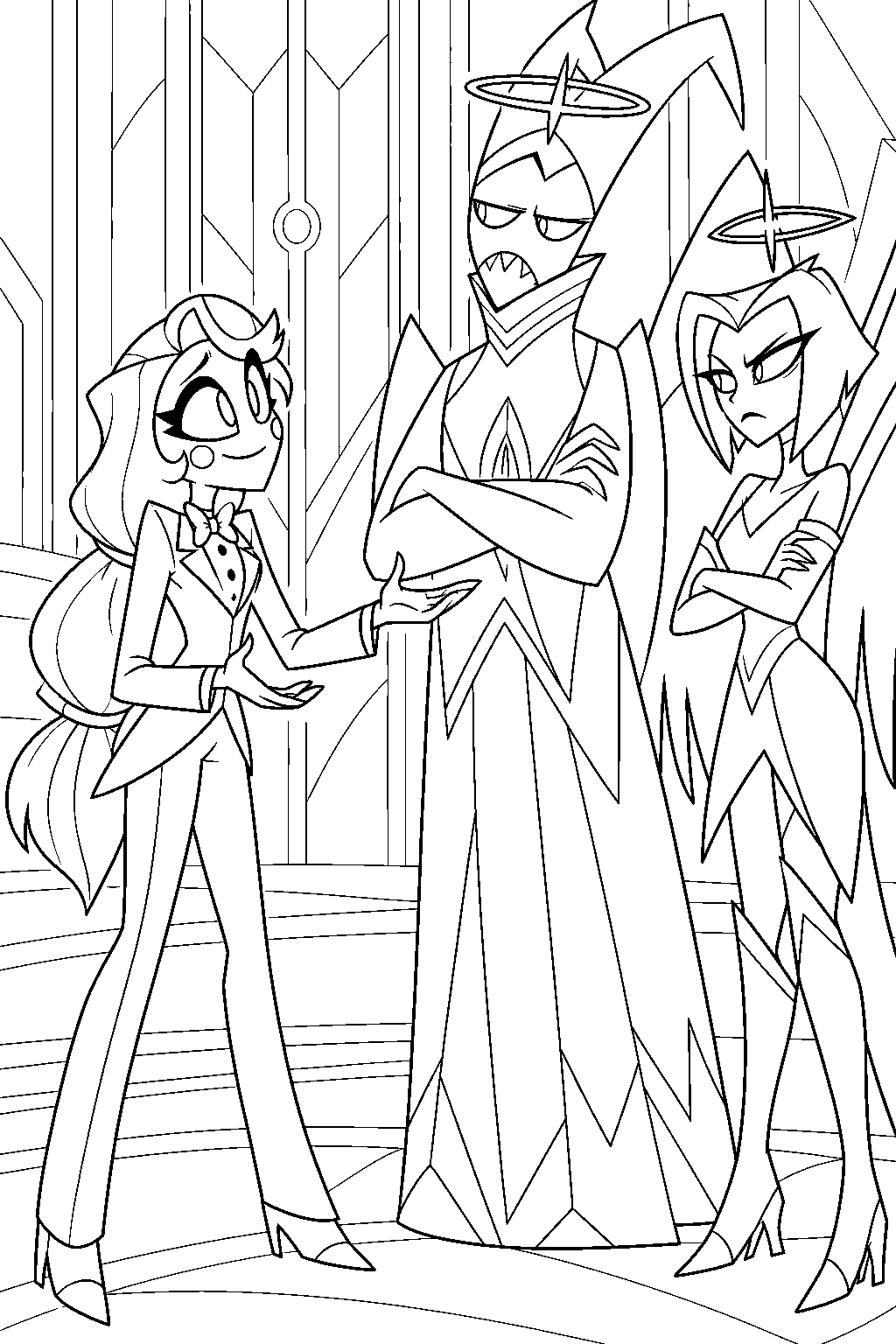 charlie morningstar presenting her redemption plan to adam and lute at the heaven embassy line art