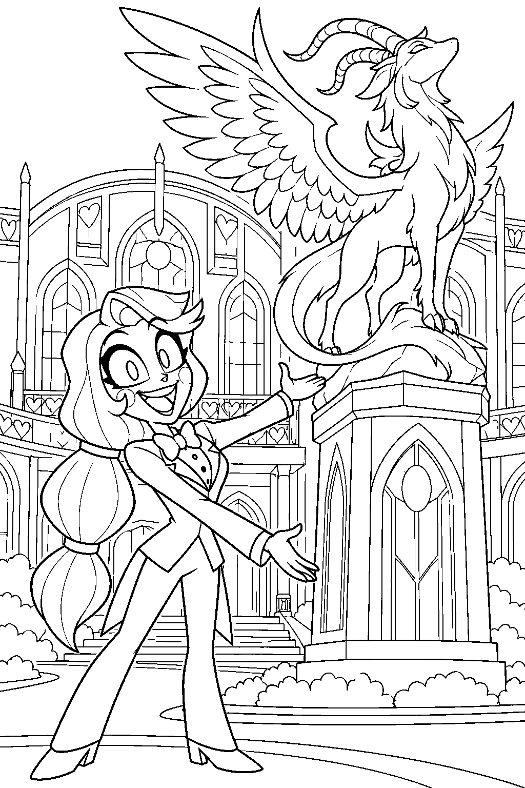 charlie morningstar presenting the rebuilt hotel beneath dazzle s winged memorial statue line art