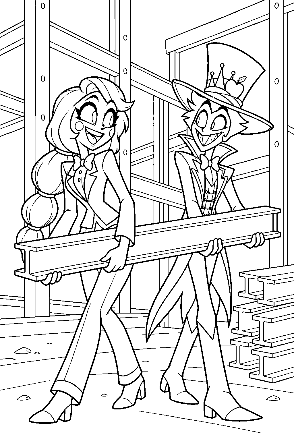 charlie morningstar rebuilding the hazbin hotel with lucifer beside a stack of construction beams line art