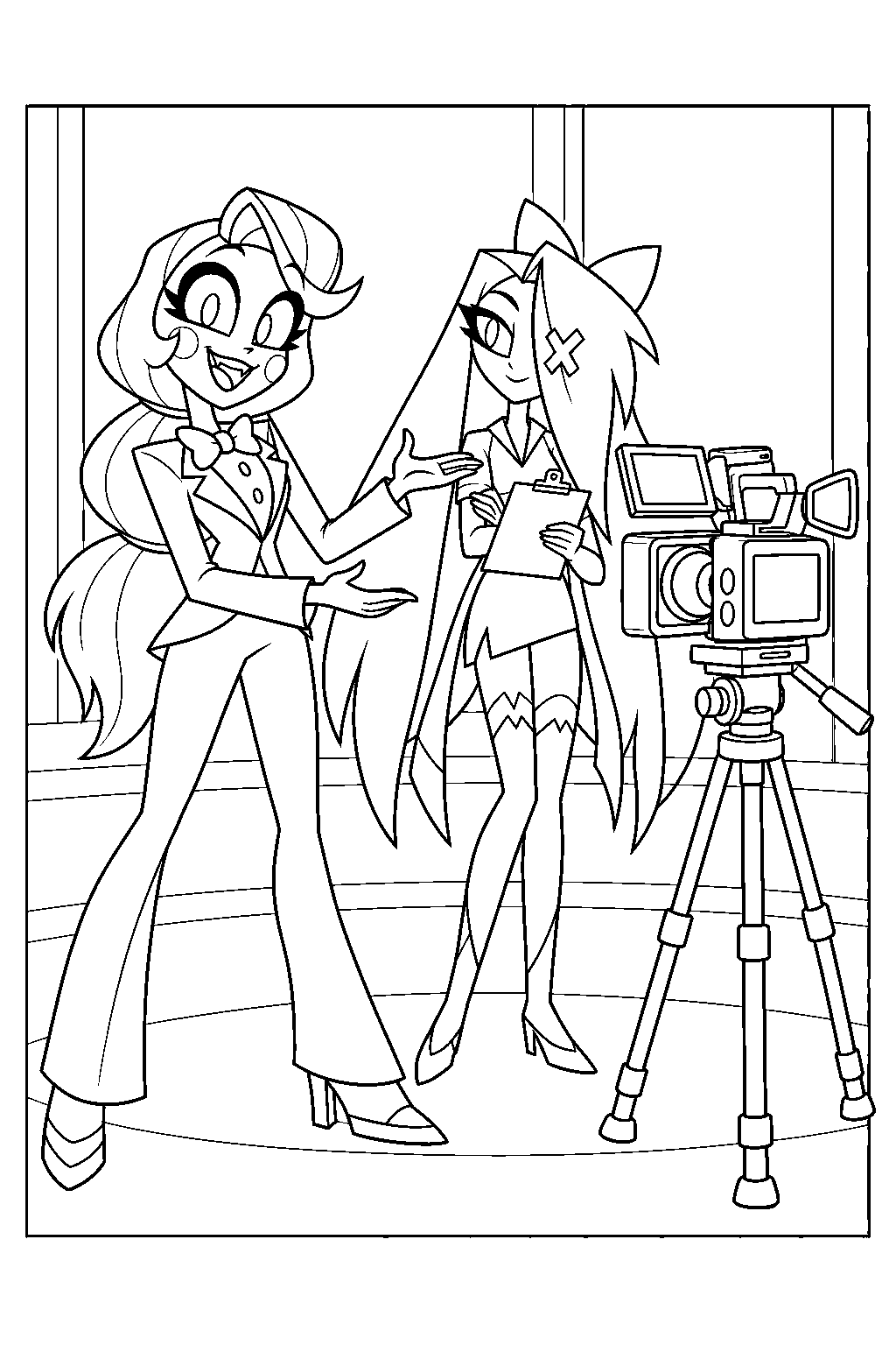 charlie morningstar rehearsing a hotel commercial with vaggie beside a video camera line art