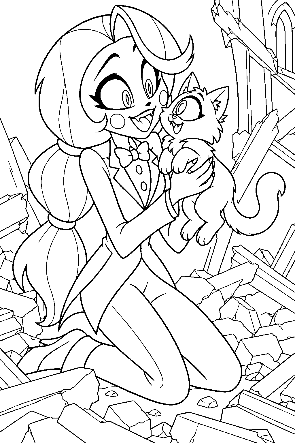 charlie morningstar rescuing keekee from the rubble of the hazbin hotel line art