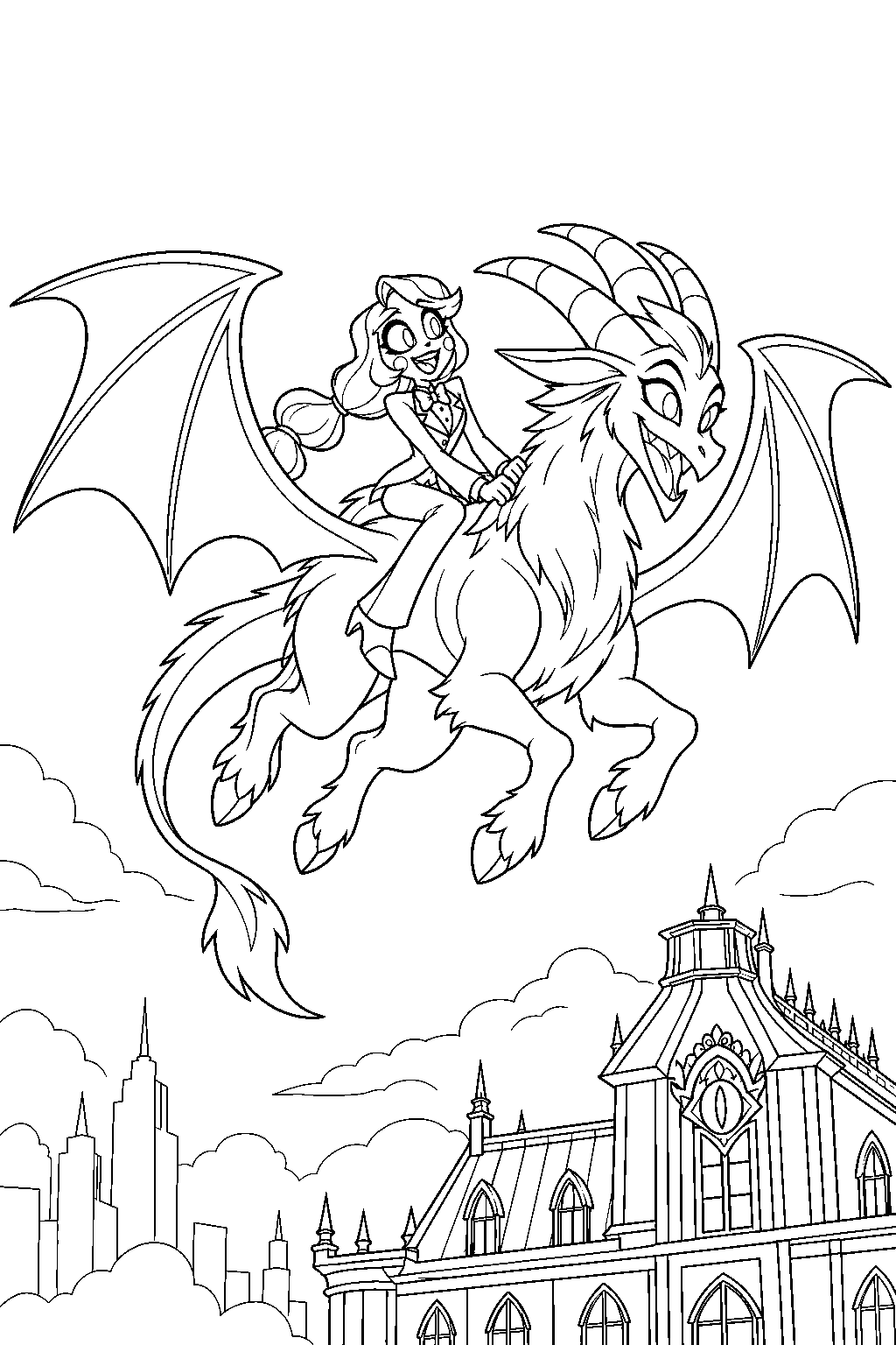 charlie morningstar riding razzle in his dragon form above the hazbin hotel roof line art