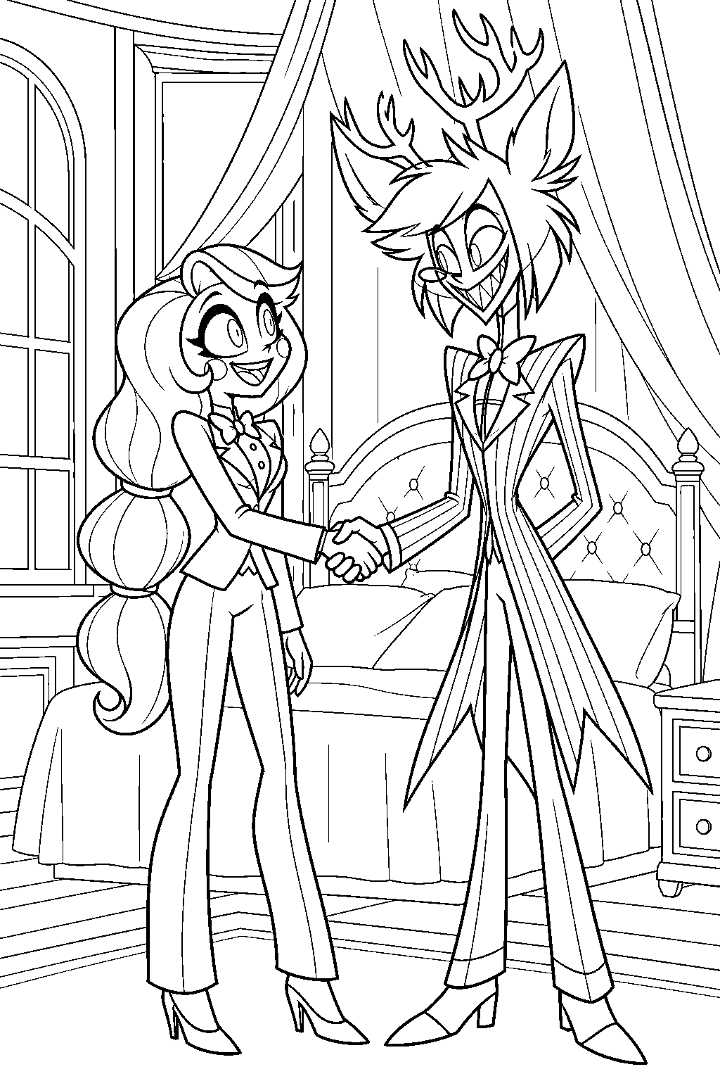 charlie morningstar shaking alastor s hand to make their deal in her hotel bedroom line art