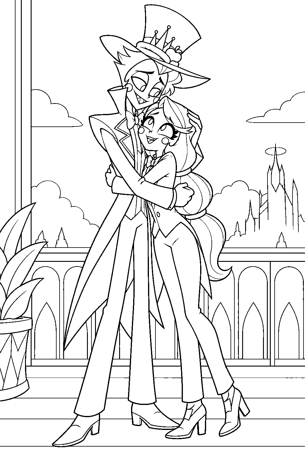 charlie morningstar sharing a father daughter hug with lucifer on the hotel balcony line art