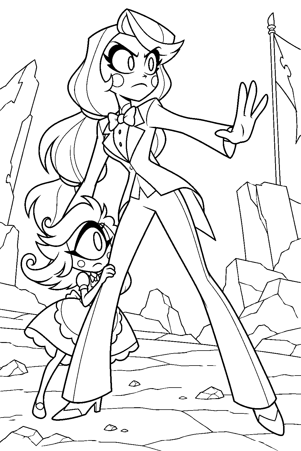 charlie morningstar standing protectively beside niffty on the training battlefield line art