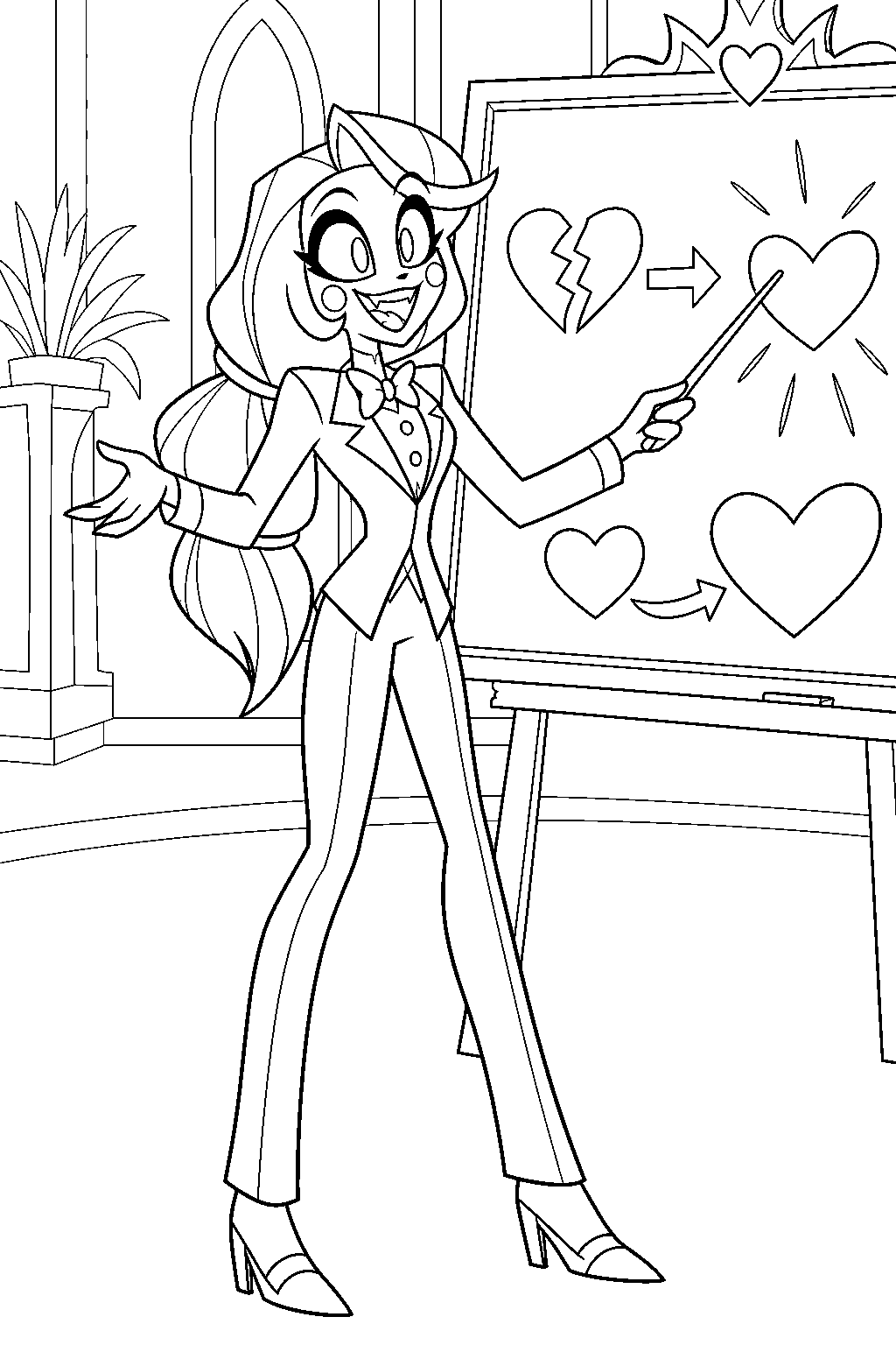 charlie morningstar teaching a redemption lesson at the hazbin hotel chalkboard line art