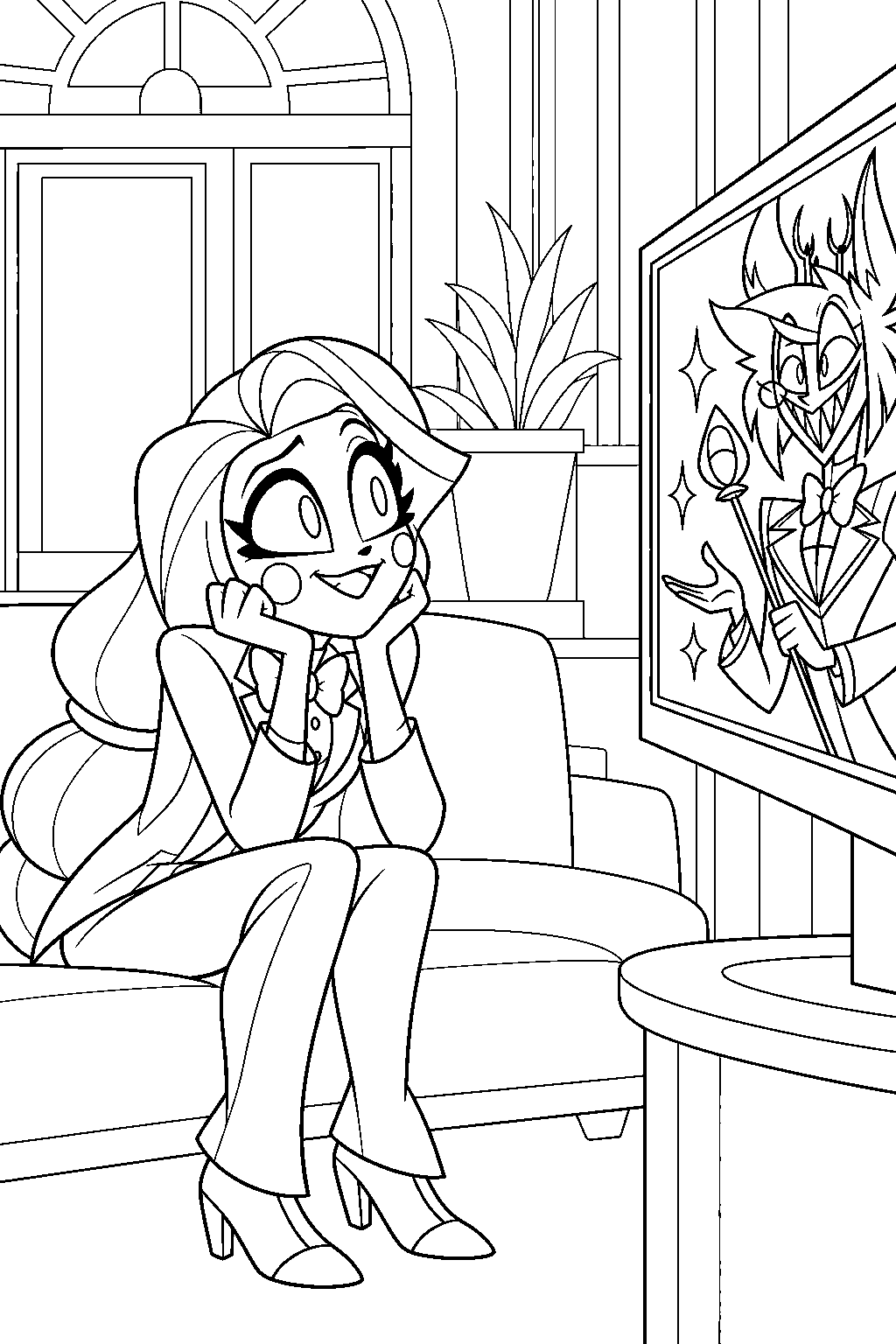 charlie morningstar watching alastor s hotel commercial on the lobby television line art
