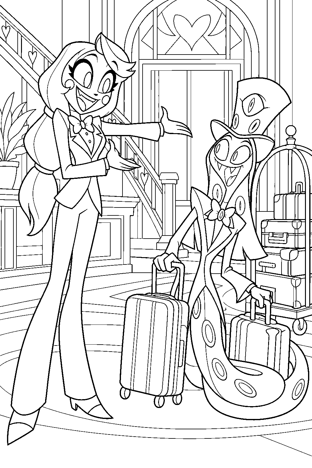 charlie morningstar welcoming sir pentious and his luggage into the hazbin hotel line art