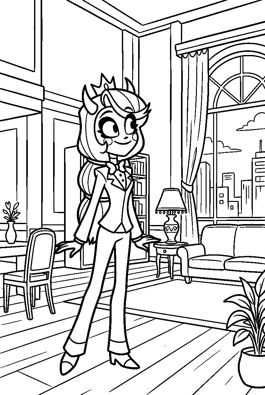 hazbin hotel charlie morningstar looking around in luxury penthouse line art