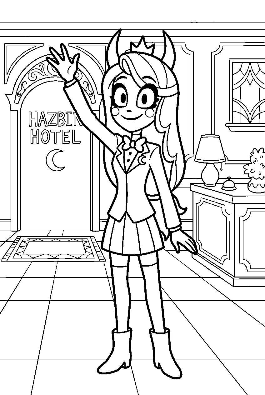 hazbin hotel charlie morningstar waving in hotel lobby line art