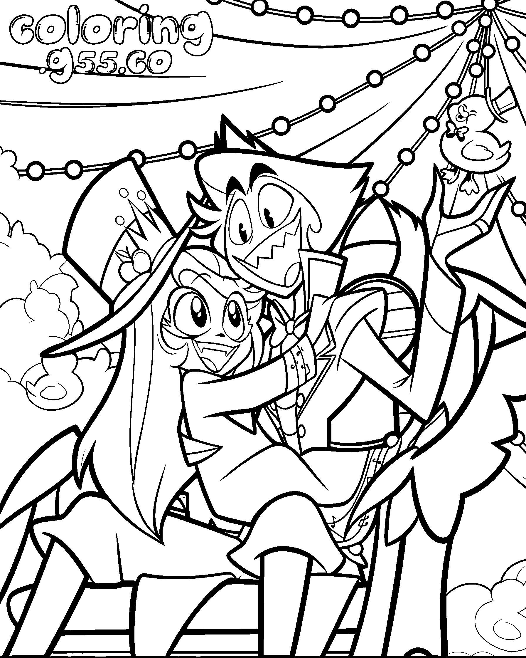 charlie wearing lucifers hat and hugging her father hazbin hotel line art for kids