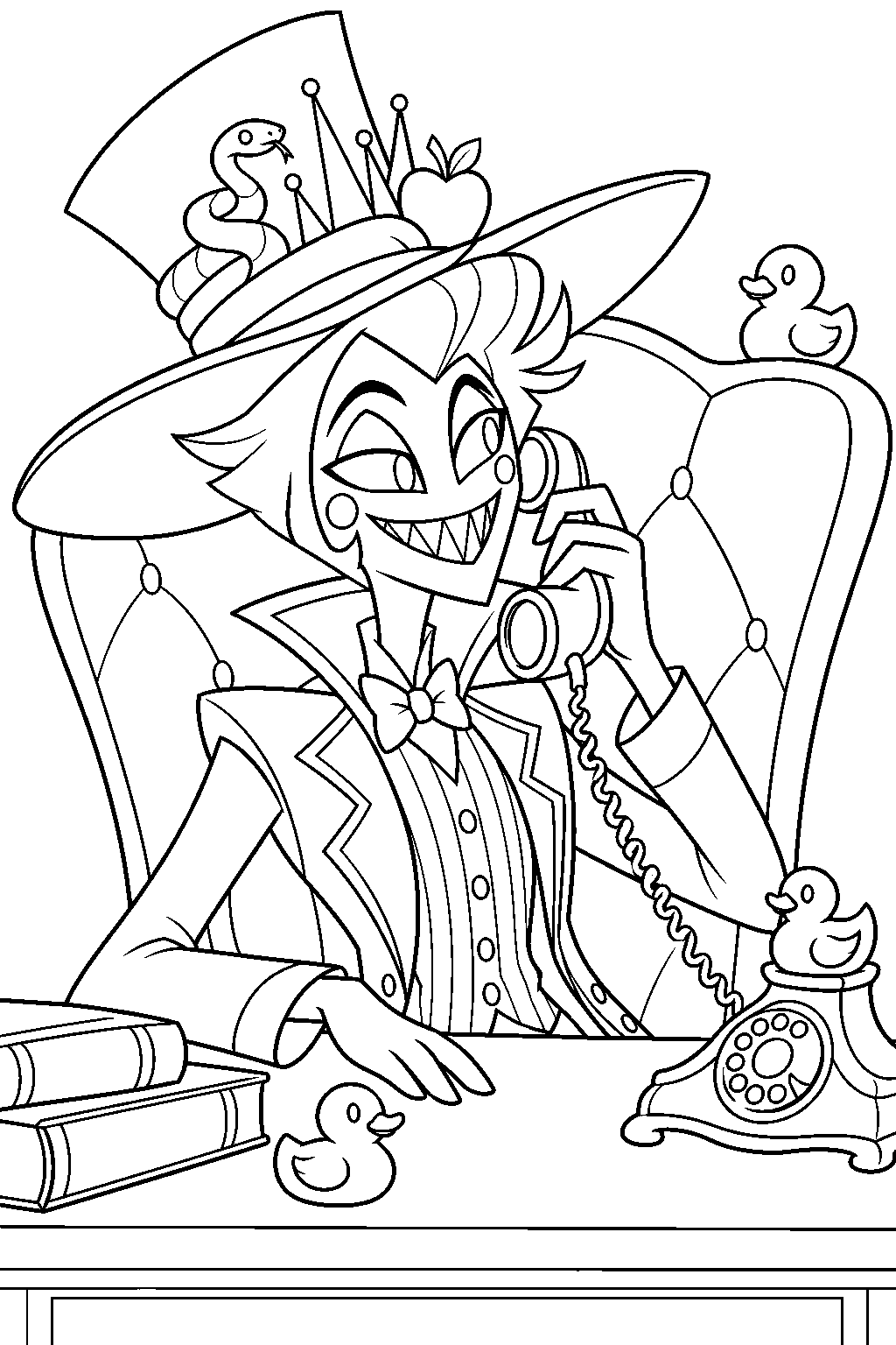 hazbin hotel lucifer morningstar answering charlie s phone call in his duck filled office line art