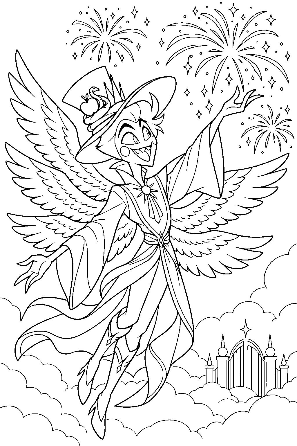 hazbin hotel lucifer morningstar as an angel creating fireworks above heaven s gates line art
