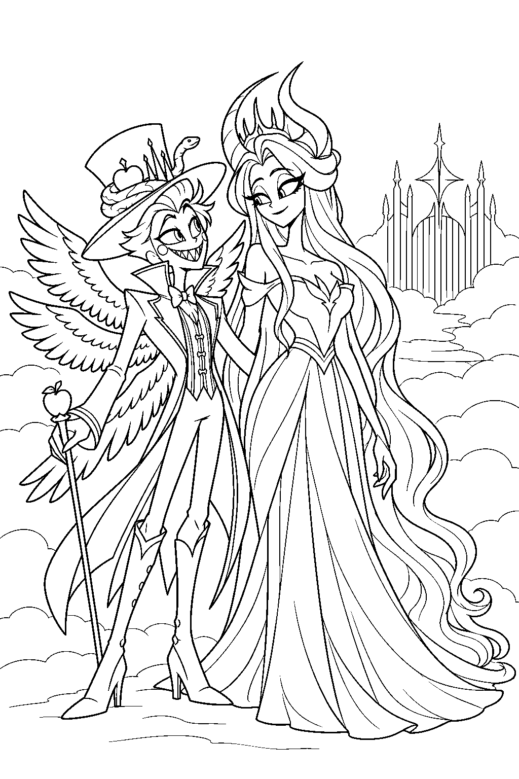 hazbin hotel lucifer morningstar beside lilith after their banishment from heaven line art