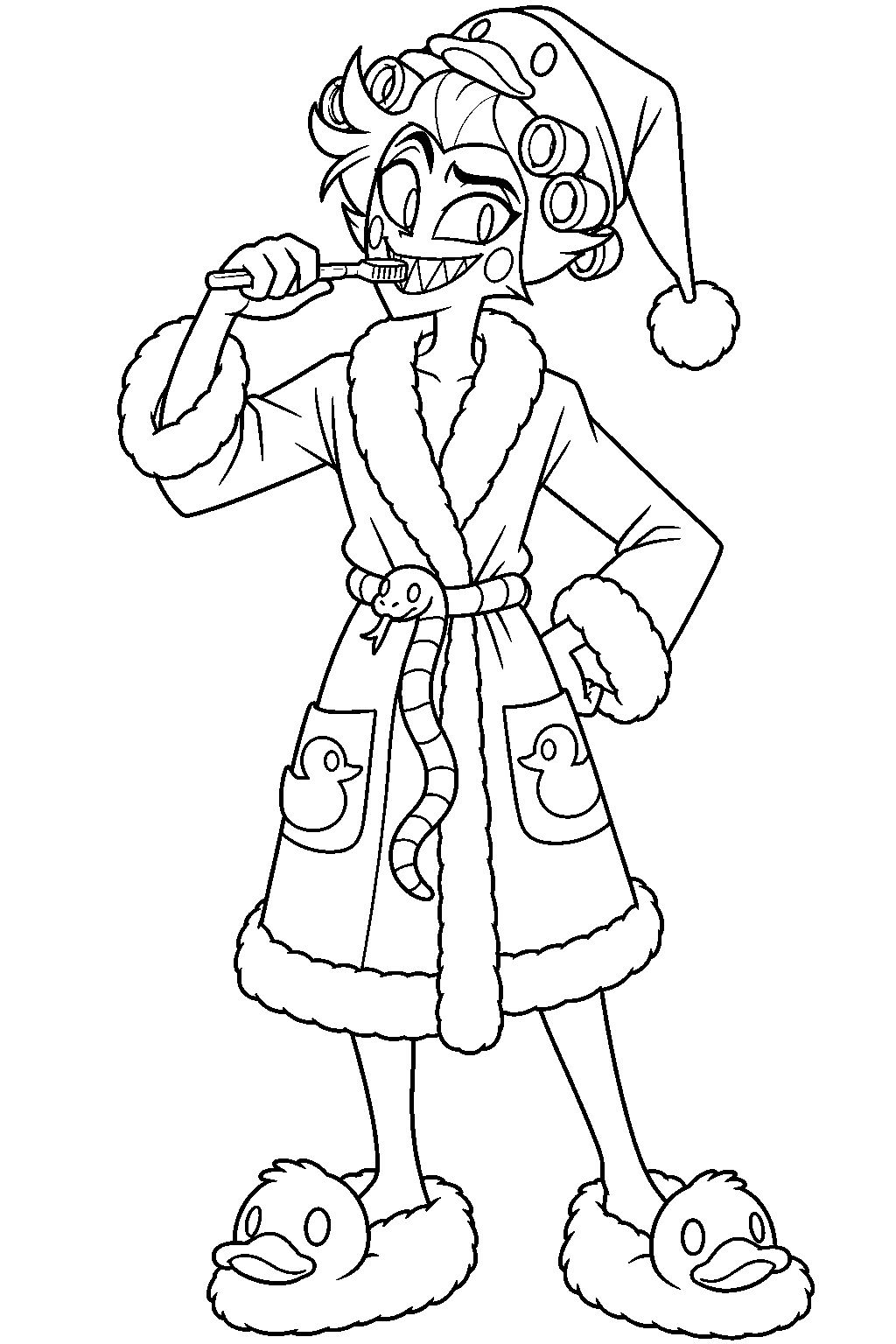hazbin hotel lucifer morningstar brushing his teeth in a bathrobe and duck slippers line art