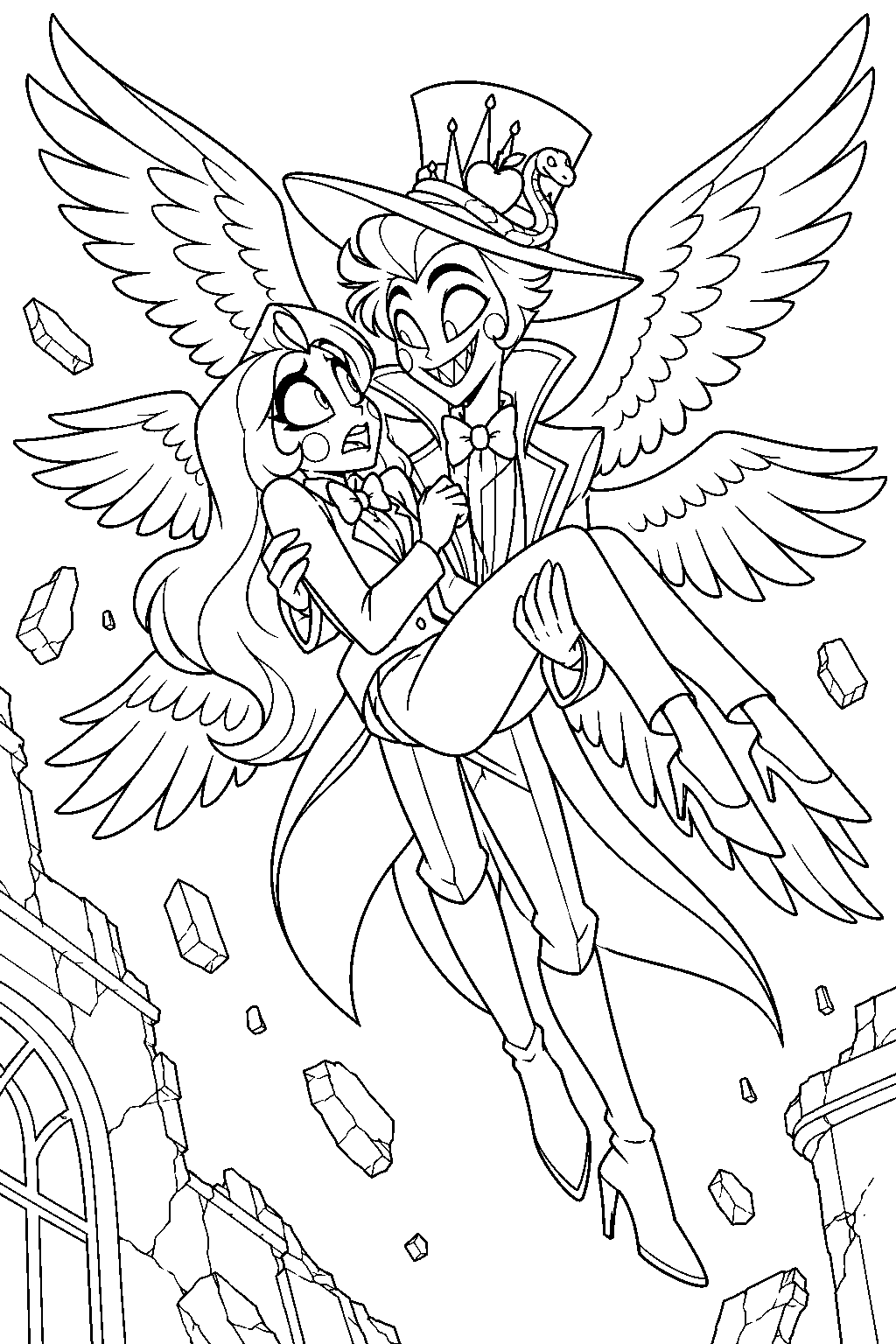 hazbin hotel lucifer morningstar catching charlie as the hotel collapses line art