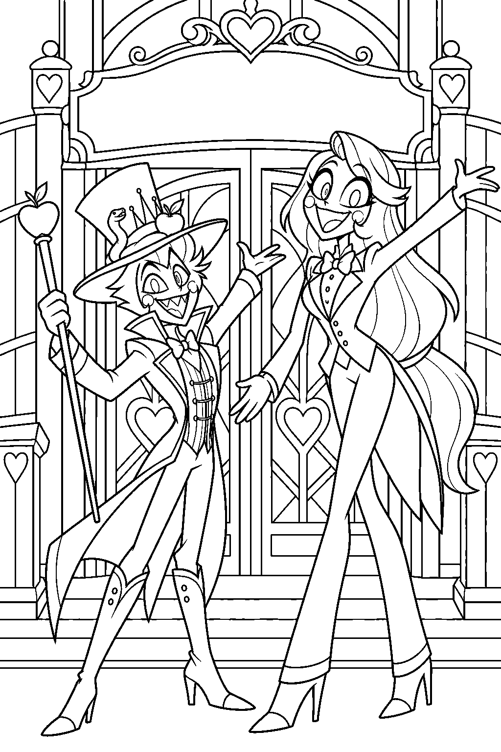 hazbin hotel lucifer morningstar celebrating the rebuilt hotel with charlie beneath its sign line art