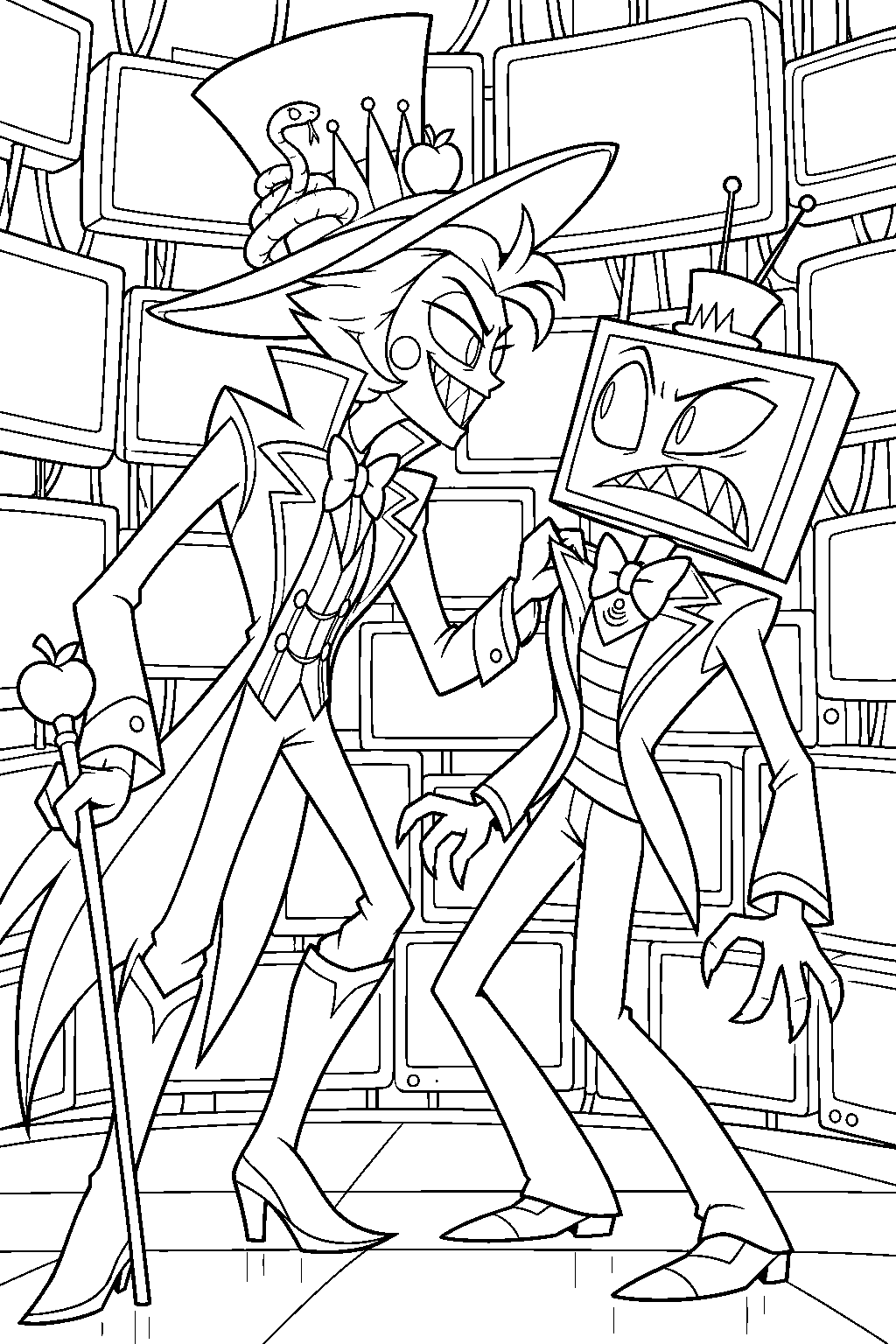hazbin hotel lucifer morningstar confronting vox in front of a wall of television screens line art