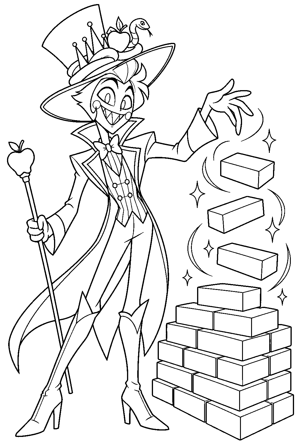hazbin hotel lucifer morningstar conjuring stacks of bricks to rebuild the hotel line art