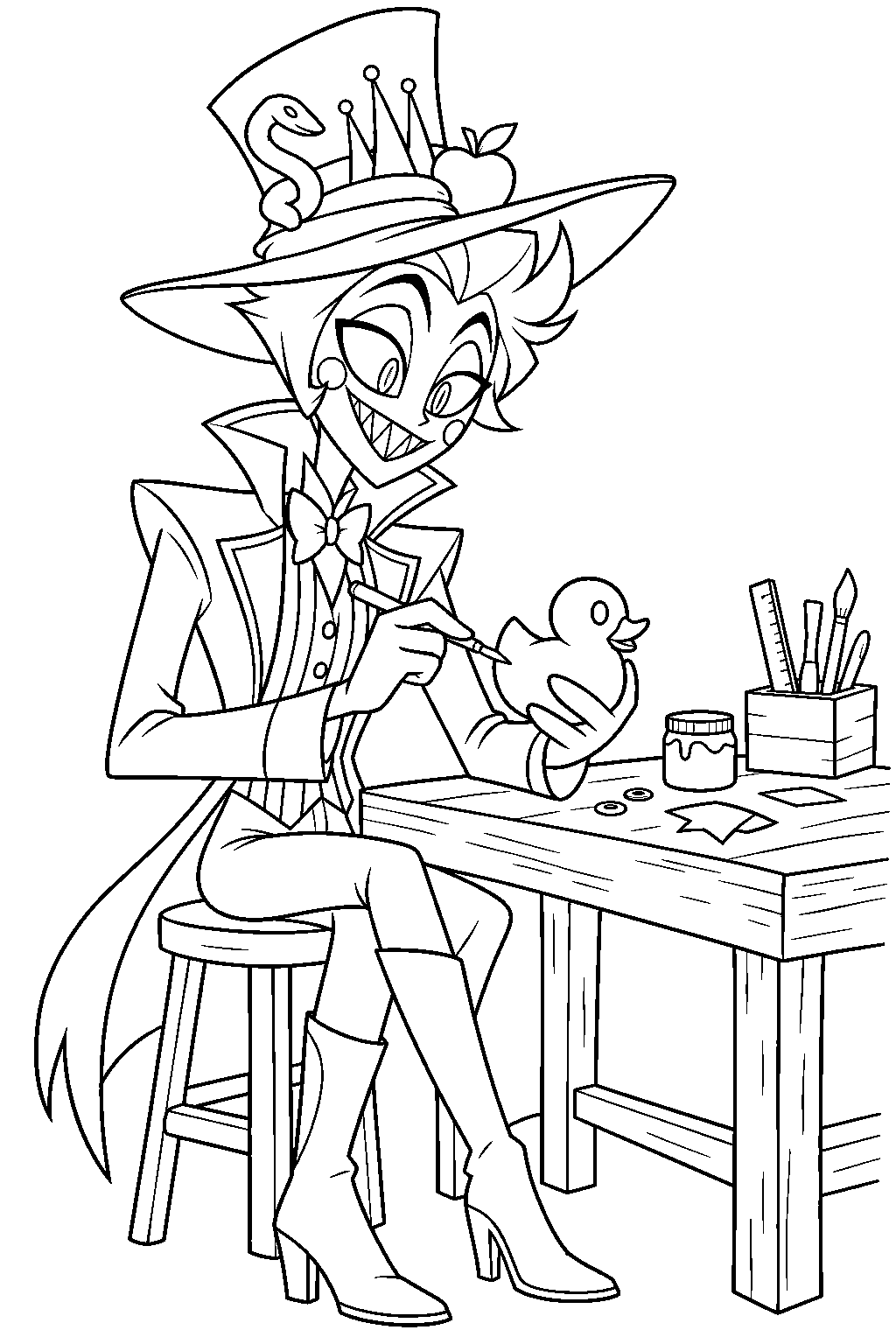 hazbin hotel lucifer morningstar crafting a rubber duck at his workbench line art