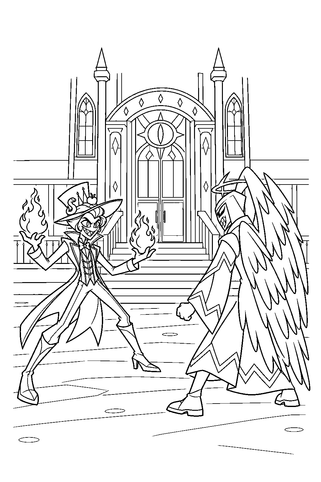 hazbin hotel lucifer morningstar creating fireballs while facing adam outside the hotel line art