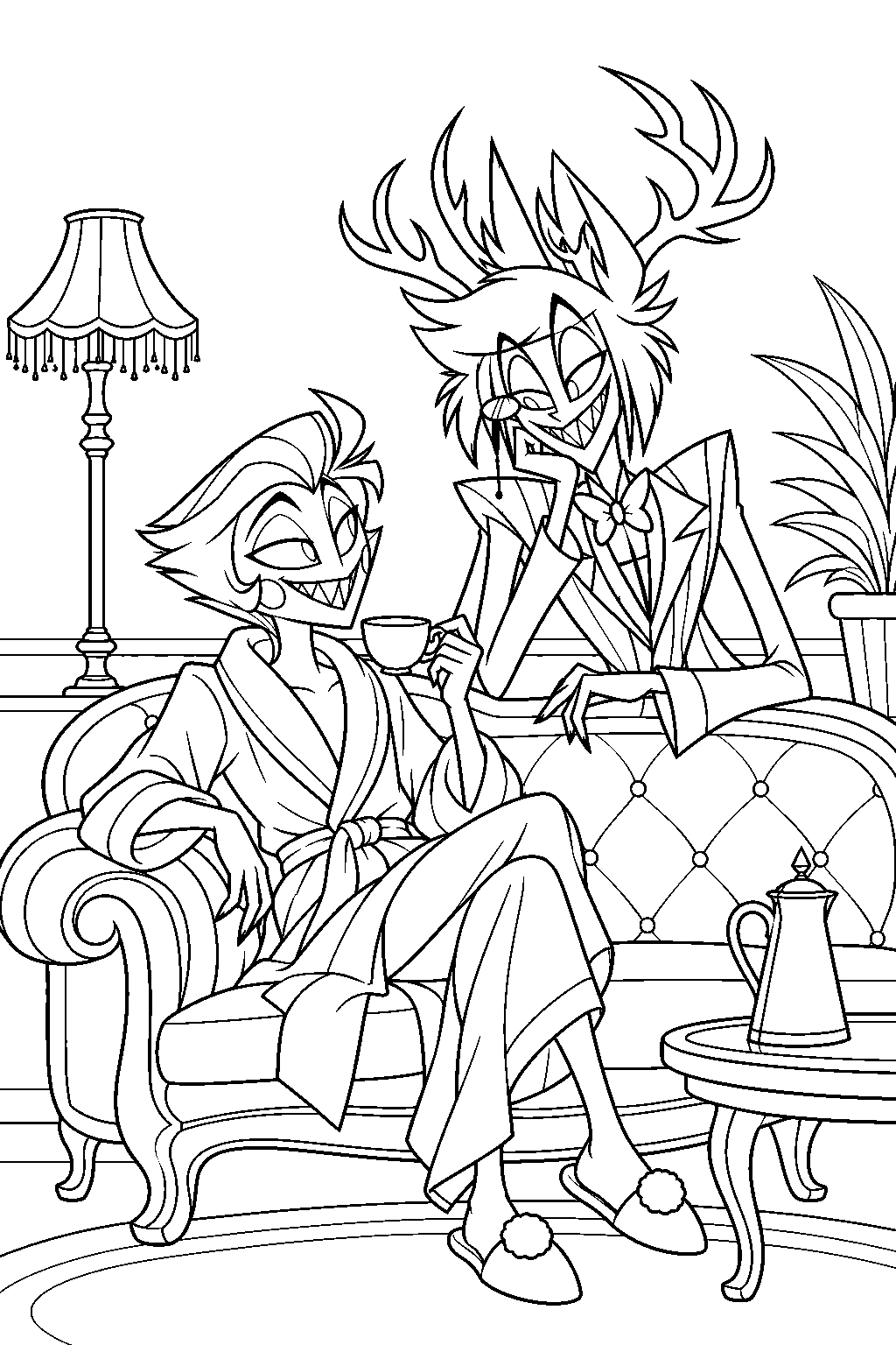 hazbin hotel lucifer morningstar drinking morning coffee beside alastor in the hotel lounge line art