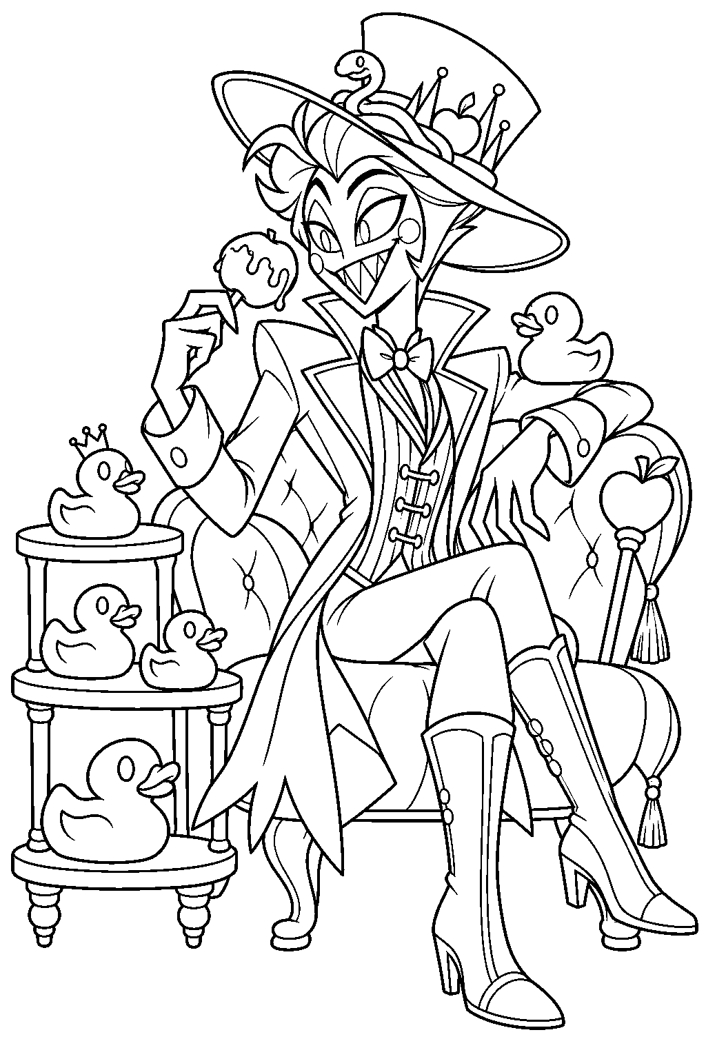 hazbin hotel lucifer morningstar eating a caramel apple beside his rubber duck collection line art