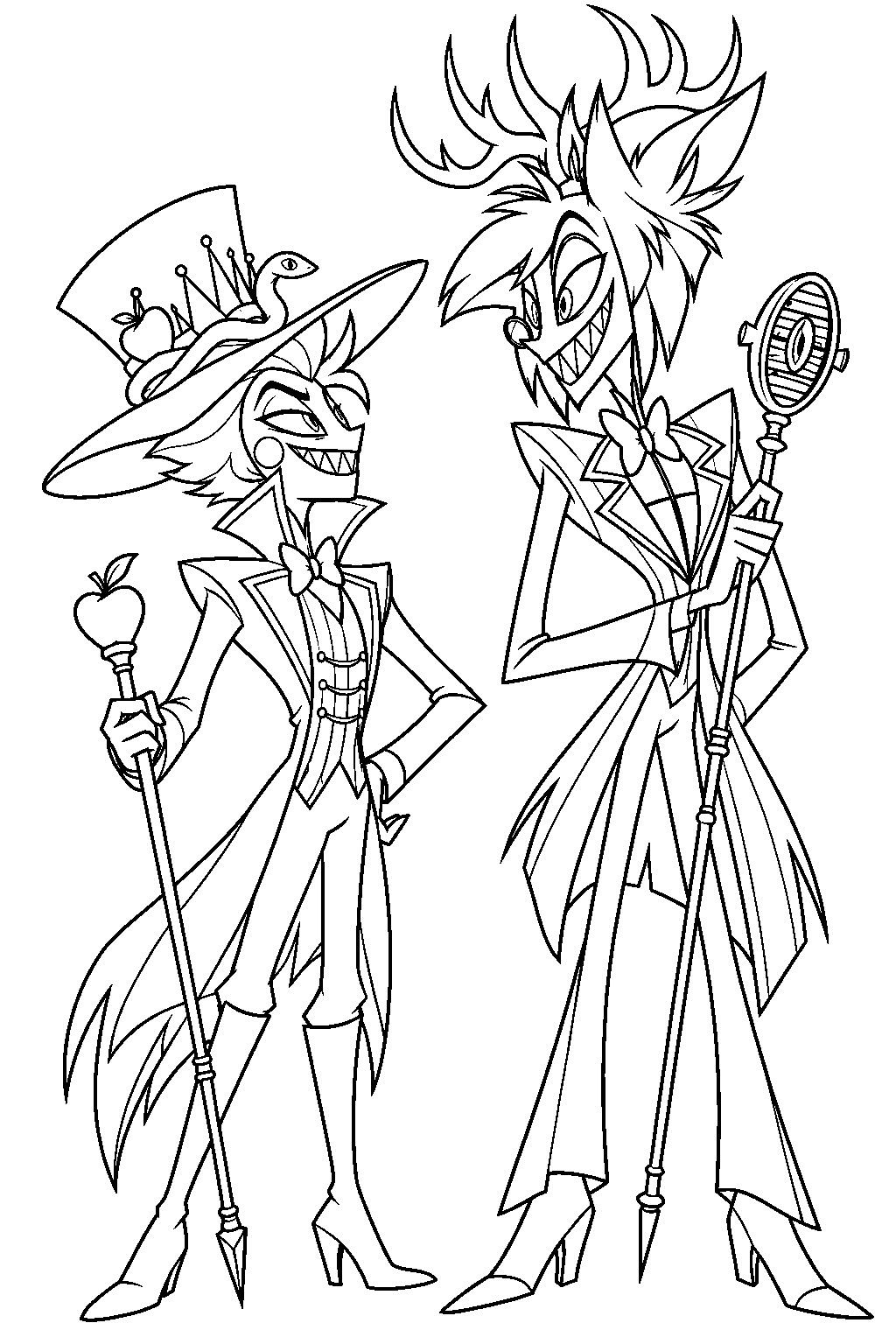 hazbin hotel lucifer morningstar facing alastor with their apple cane and microphone staff line art