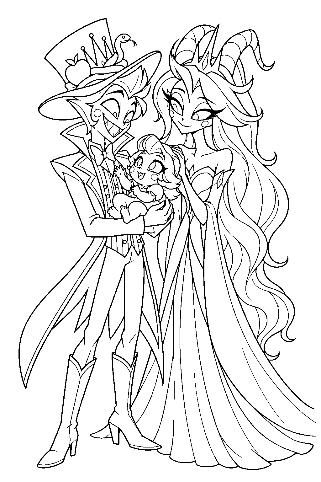 hazbin hotel lucifer morningstar holding baby charlie beside lilith line art