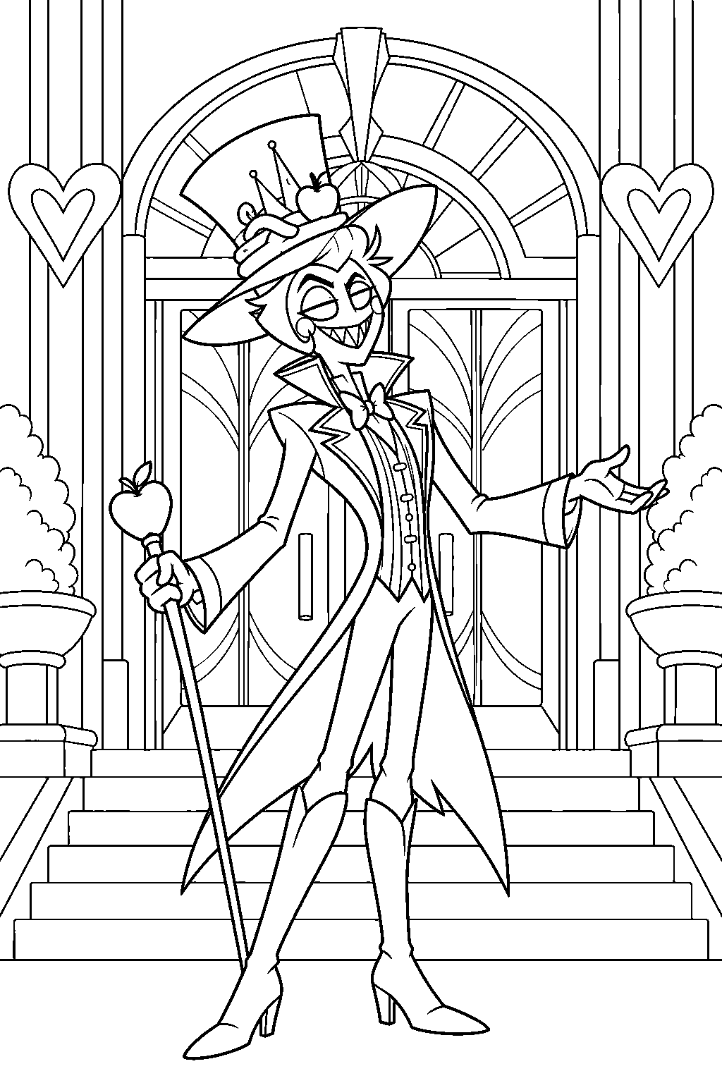 hazbin hotel lucifer morningstar holding his apple topped cane at the hotel entrance line art