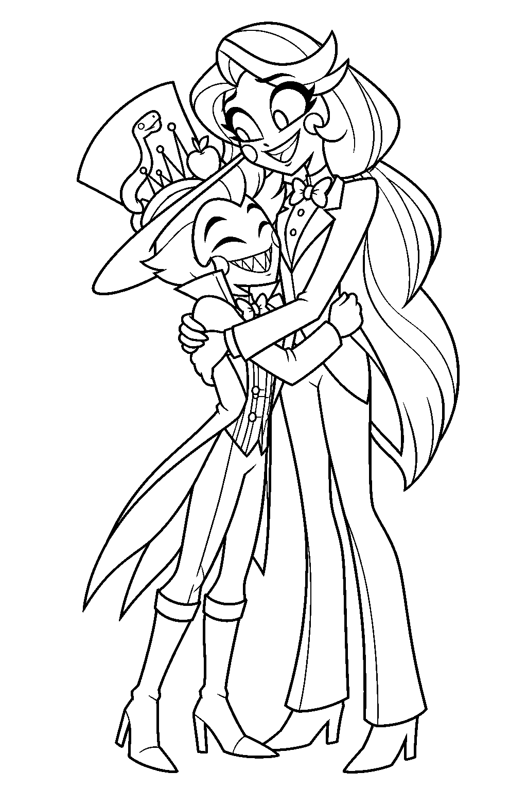 hazbin hotel lucifer morningstar hugging charlie when he arrives at the hotel line art