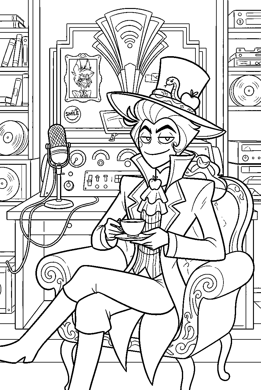 hazbin hotel lucifer morningstar in alastor s radio room line art