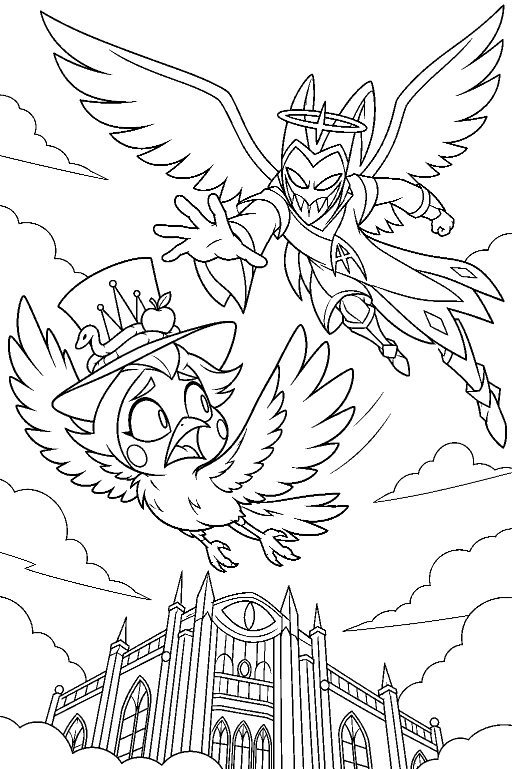 hazbin hotel lucifer morningstar in bird form escaping adam above the hotel line art
