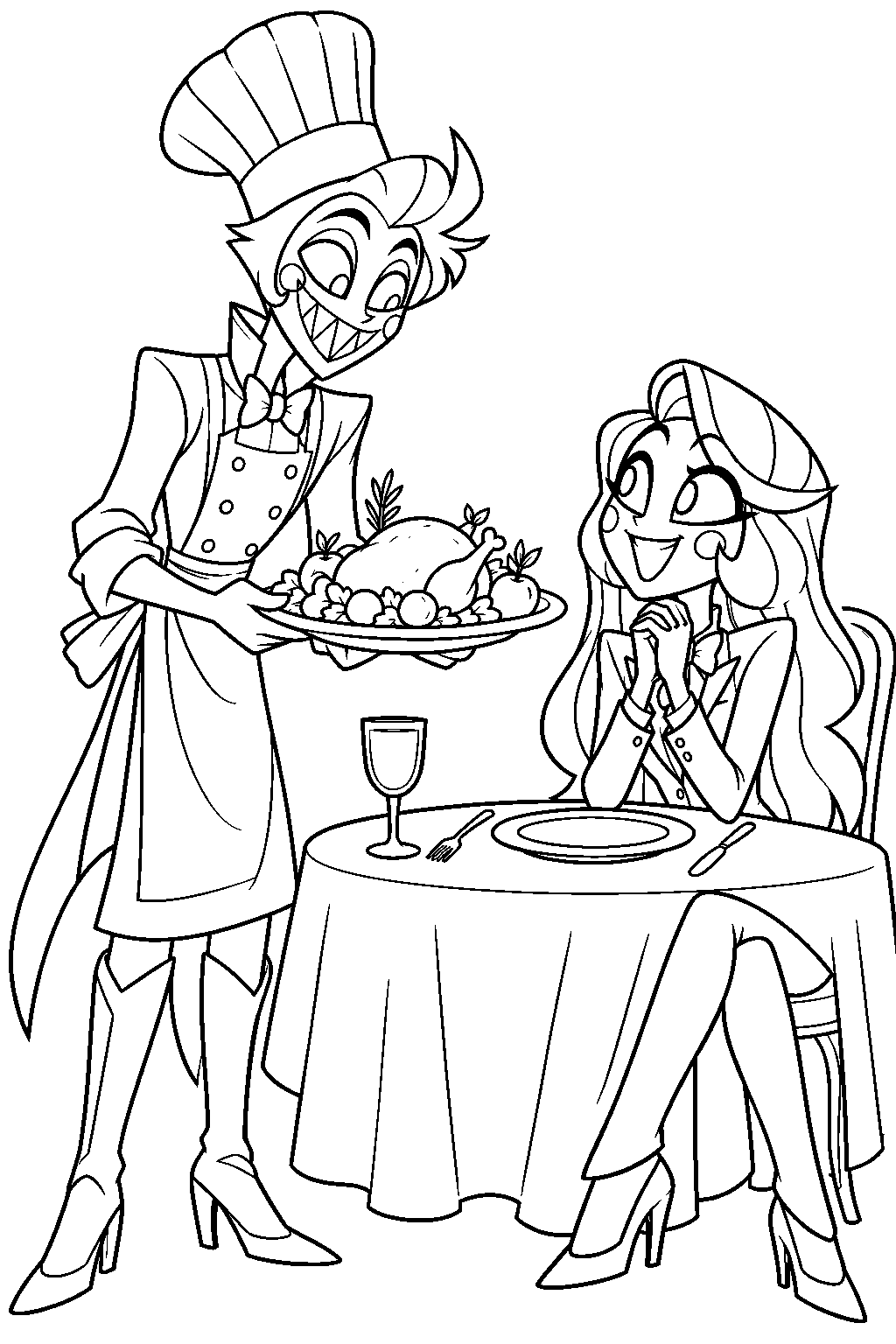 hazbin hotel lucifer morningstar in his chef outfit serving a banquet to charlie line art