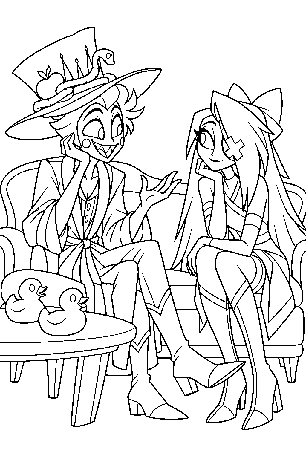 hazbin hotel lucifer morningstar in his lounge outfit talking to vaggie beside his rubber ducks line art