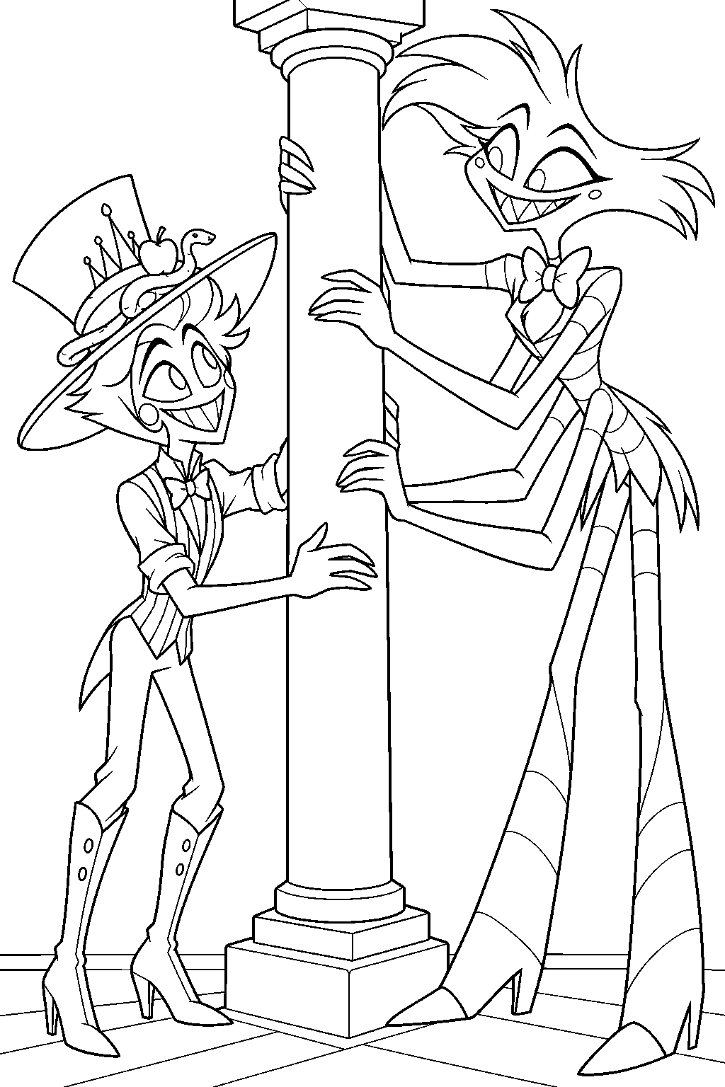 hazbin hotel lucifer morningstar in his waistcoat helping angel dust build a hotel pillar line art